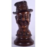 A LOVELY ANTIQUE TREEN FRUITWOOD TOBACCO SNUFF JAR AND COVER modelled as a male wearing a hat. 20 c
