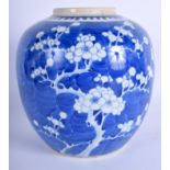 A 17TH/18TH CENTURY CHINESE BLUE AND WHITE GINGER JAR Kangxi, painted with prunus. 17 cm x 14 cm.