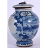 A 20TH CENTURY CHINESE BLUE AND WHITE PORCELAIN VASE AND COVER, decorated with figures in a landsca