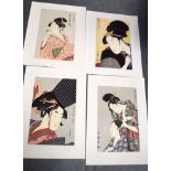 FOUR JAPANESE COLOURED PRINTS, depicting portraits. 35 cm x 23 cm.