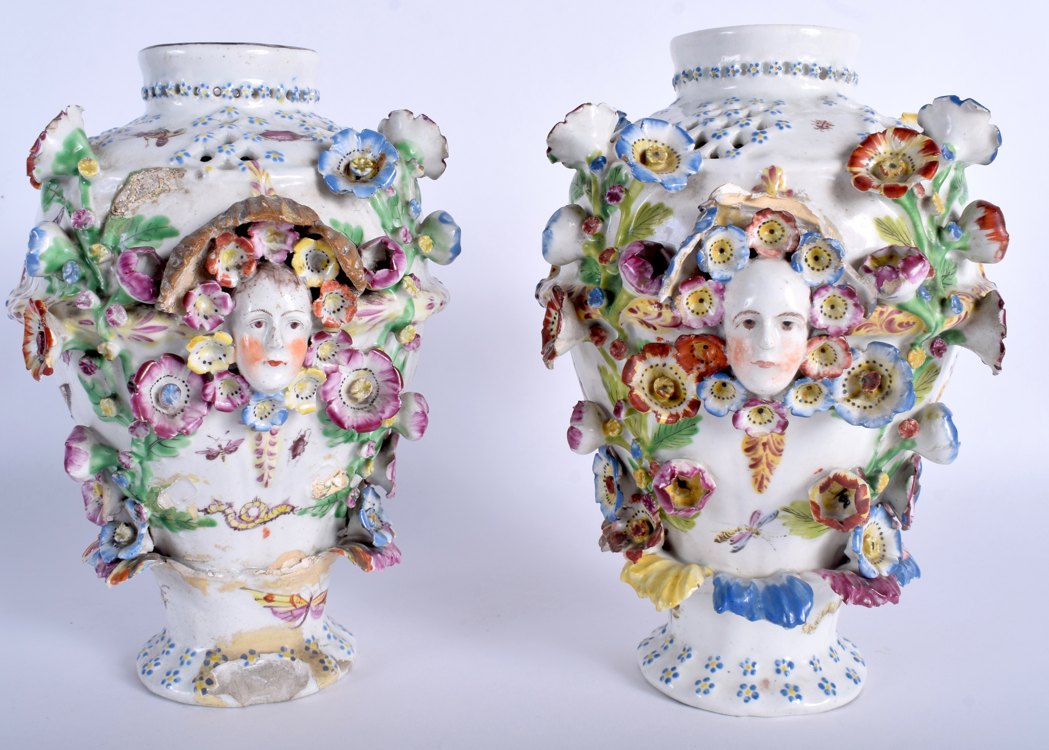 A PAIR OF 18TH CENTURY CHELSEA DERBY PORCELAIN VASES painted with flowers and mask heads. 21 cm hig - Image 2 of 4