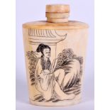 A CHINESE CARVED BONE SNUFF BOTTLE, incised with Guanyin. 7.5 cm high.