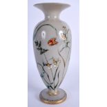 A VICTORIAN GREY OPALINE ENAMELLED GLASS VASE painted with a moth over foliage. 23.5 cm high.