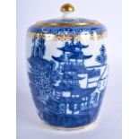 A 18TH CENTURY CAUGHLEY TEA CANISTER AND COVER with an intricate Chinese landscape. 12 cm high.