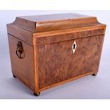 A GEORGE III BURR WALNUT TWO DIVISION TEA CADDY. 19 cm x 15 cm.