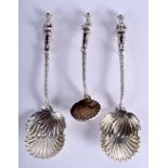 THREE RARE EARLY 20TH CENTURY SILVER PLATED CONTINENTAL SOLDIER SPOONS. Largest 22 cm long. (3)