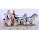 A CONTINENTAL PORCELAIN FIGURAL GROUP OF FIGURES IN A HORSE AND CARRIAGE, formed upon a scrolling
