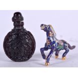 A CHINESE CLOISONNE FIGURE OF A HORSE, together with a snuff bottle. Snuff 9.75 cm high.
