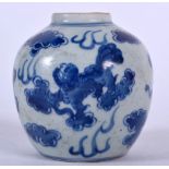 A 20TH CENTURY CHINESE BLUE AND WHITE PORCELAIN JAR, decorated with Buddhistic lions amongst the cl