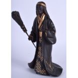 A 19TH CENTURY JAPANESE MEIJI PERIOD BRONZE OKIMONO modelled holding aloft bound timber. 17 cm high