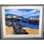 BELINDA O'SHEA (20th century) FRAMED ACRYLIC, initialled, mountainous landscape, label verso. 39 cm