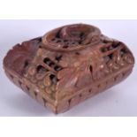 AN EARLY 20TH CENTURY CHINESE SOAPSTONE BOX AND COVER, carved with fruiting vines. 11 cm wide.