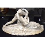 A LARGE 19TH CENTURY EUROPEAN CARVED MARBLE FIGURE OF A FALLEN FEMALE modelled embracing an angelic