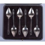 SIX ARTS AND CRAFTS GEORG JENSEN SILVER SPOONS. 5.4 oz. (6)