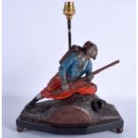 AN ANTIQUE AUSTRIAN COLD PAINTED SPELTER SOLDIER LAMP modelled holding his rifle. Figure 26 cm x 21