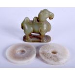 TWO 19TH/20TH CENTURY CHINESE JADE BI DISCS and a 20th Century jade camel. 5.5 cm & 6 cm wide. (3)