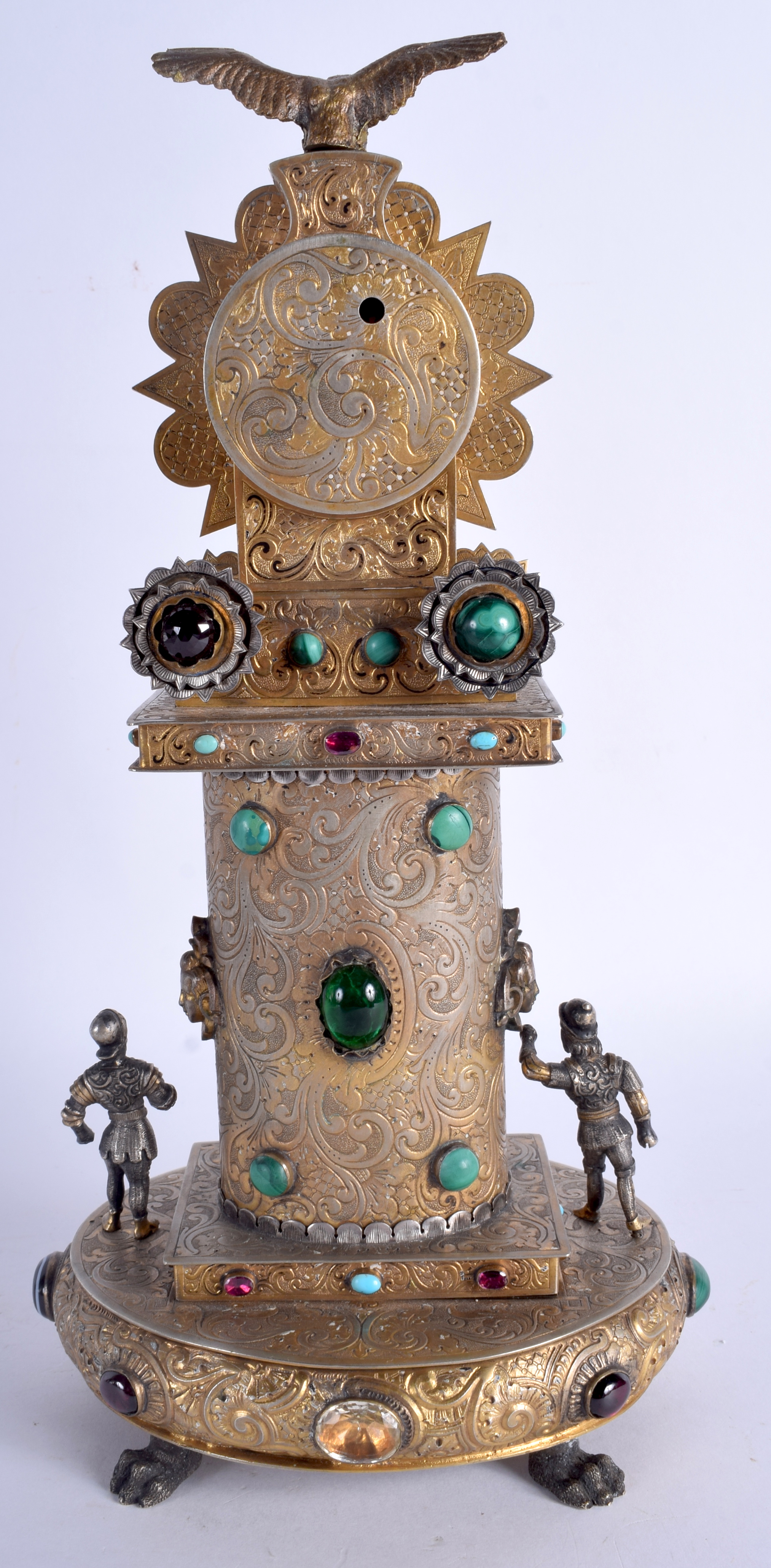 AN ANTIQUE AUSTRO HUNGARIAN SILVER GILT JEWELLED MANTEL CLOCK inset with malachite, garnets and tur - Bild 3 aus 5