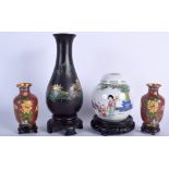 AN EARLY 20TH CENTURY JAPANESE BLACK LACQUER VASE together with a cloisonne vase etc. (7)