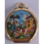 AN UNUSUAL 18CT GOLD AND ENAMEL EROTIC POCKET WATCH depicting a female being distracting from her s