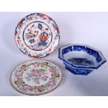 A 19TH CENTURY ENGLISH IMARI STONE CHINA DISH, together with another plate and a bowl. (3)