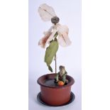 A NOVELTY 1930S CONTINENTAL PAINTED METAL TOAD CLOCK modelled seated within a plant pot. 19 cm high