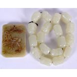 A CHINESE GREEN JADE TABLET CARVED WITH MONKEYS, together with a necklace. Necklace 48 cm long. (2)