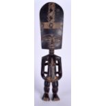 A LARGE AFRICAN TRIBAL STATUE, in the form of a female with an elongated head and young clinging to