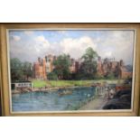 S S TURNER (20th century) FRAMED OIL ON BOARD, signed, a busy landscape depicting Hampton Court. 49