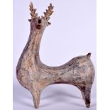 A RARE PERSIAN IRANIAN AMLASH POTTERY FIGURE OF A DEER, probably a vessel. 33 cm high.