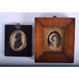 A MID 19TH CONTINENTAL IVORY FRAMED PORTRAIT MINIATURE together with an antique silhouette. (2)