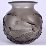 AN ART DECO STYLE PRESSED GLASS VASE, decorated with seagulls flying over crashing waves. 16.5 cm h