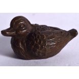 A JAPANESE BRONZE OKIMONO IN THE FORM OF A DUCK, signed. 5.5 cm wide.
