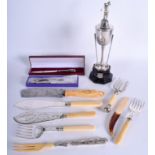 A VINTAGE SILVER PLATED GOLFING TROPHY together with other flatware etc. (qty)