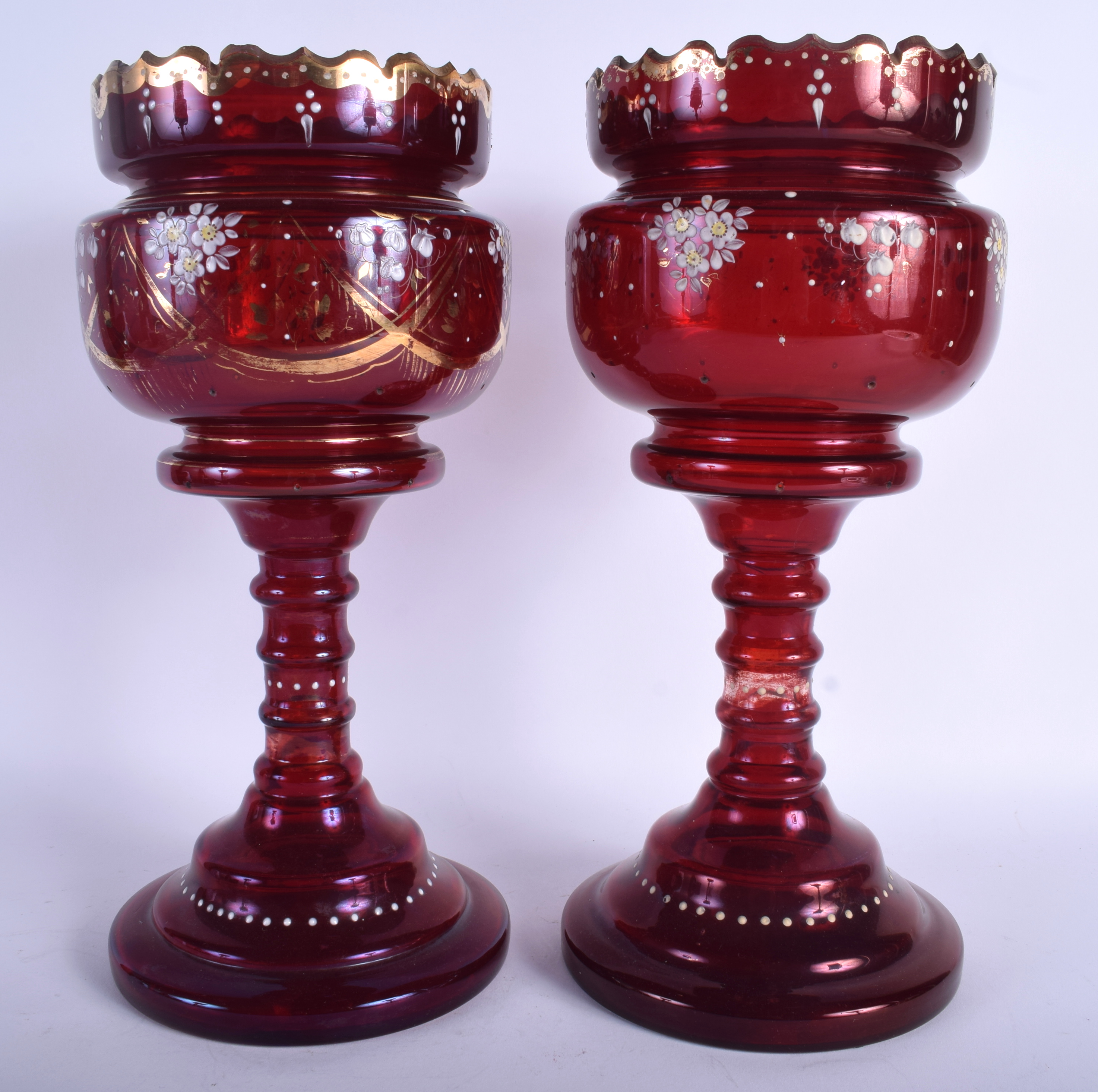 A PAIR OF ANTIQUE BOHEMIAN CRANBERRY GLASS LUSTRES. 36 cm high. - Image 2 of 2