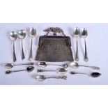 AN ANTIQUE SILVER PURSE spoons etc. Silver 10.4 oz. (qty)