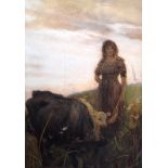 BRITISH SCHOOL (19th century) FRAMED WATERCOLOUR, unsigned, a female standing with cattle in a fiel