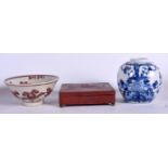 A CHINESE BLUE AND WHITE PORCELAIN GINGER JAR, together with a bowl and a cloisonne casket. (3)