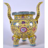 A LARGE CHINESE FAMILLE JAUNE PORCELAIN INCENSE BURNER, painted with extensive foliage. 39 cm x 35