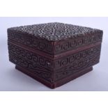 A RARE 19TH CENTURY CHINESE CARVED BLACK RED TIXI LACQUER BOX AND COVER Ming Style. 15.5 cm square.