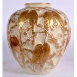 A LARGE AESTHETIC MOVEMENT GLASS VASE, decorated with birds amongst foliage. 28 cm x 25 cm.