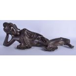 A 19TH CENTURY THAI ASIAN BRONZE FIGURE OF A RECLINING BUDDHA modelled in draped robes. 58 cm x 20