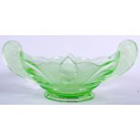 A GERMAN ART DECO URANIUM GLASS FRUIT BOWL BY BROCKWITZ, twin handled and decorated with fruit. 38