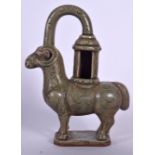 A CHINESE SUNG STYLE POTTERY LANTERN IN THE FORM OF A STANDING RAM, incised with foliage. 26 cm hig