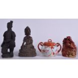 A CHINESE BRONZE BUDDHA, together with a pottery warrior, figural group etc. (4)