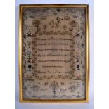 A MID 19TH CENTURY FRAMED EMBROIDERED SAMPLER by Harriott Sparkes Aged 8 years. Image 30 cm x 43 cm