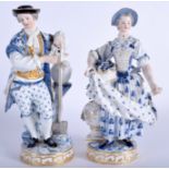 A PAIR OF 19TH CENTURY MEISSEN PORCELAIN GARDENERS painted with floral sprays. 20 cm high.