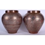 A LARGE PAIR OF CAIRO WARE TYPE SILVER INLAID COPPER VASE, decorated with Egyptian figures and symb