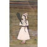 INDIAN SCHOOL (19th century) FRAMED GOUACHE ON CARD, a female holding a peacock feather fan in a la