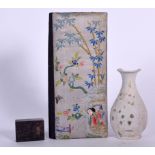 A CHINESE JADE SEAL, together with a silk embroidered wallet and a shipwreck pottery vase. (3)