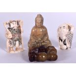 A CARVED HARDSTONE BUDDHA, together with two netsuke and another carving. (4)